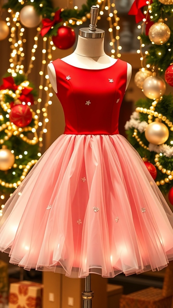 A red and white Christmas dress on a mannequin with holiday decorations in the background.